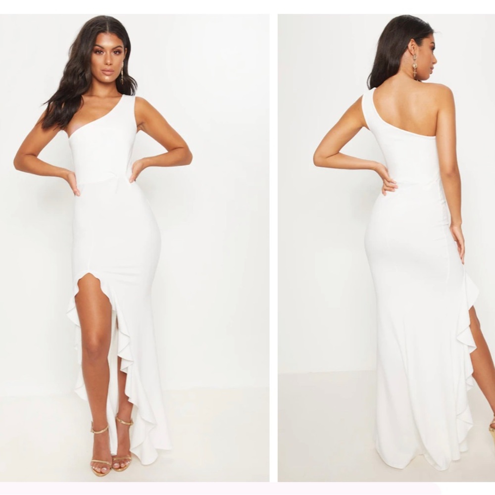 White One Shoulder Ruffle Hem Maxi Dress